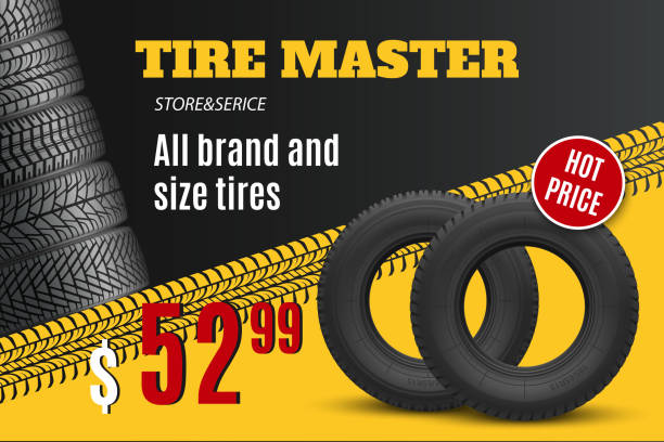 Car tire shop or auto wheel tyre store sale offer Tire shop vector banner of car wheel tyres with tread track and sale price offer. Tire shop, spare parts and auto service discount promotion design mechanic patterns stock illustrations