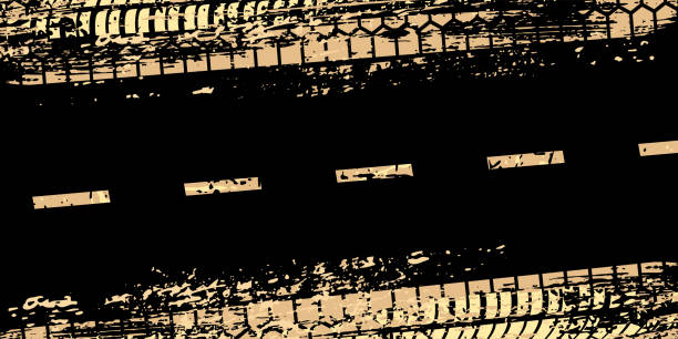 Car tire track pattern on black dirty road, abstract grunge effect of golden tire trace Car tire track pattern on black dirty road vector illustration. Abstract grunge effect of golden tire trace on land after motorcycle, bike speed race, outline gold texture and drops background cycling backgrounds stock illustrations