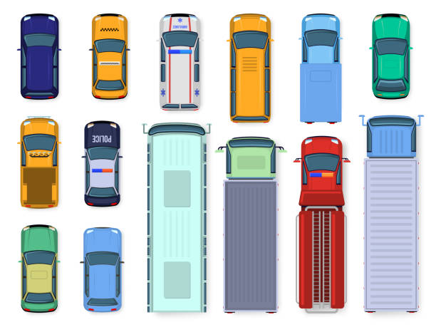 Car top view. Street vehicle engine roof viewing, traffic cars, city bus, ambulance and truck, public and civil transport isolated vector illustration set Car top view. Street vehicle engine roof viewing, traffic cars, city bus, ambulance and truck, public and civil transport isolated vector illustration set. flat color different vehicles from above above stock illustrations