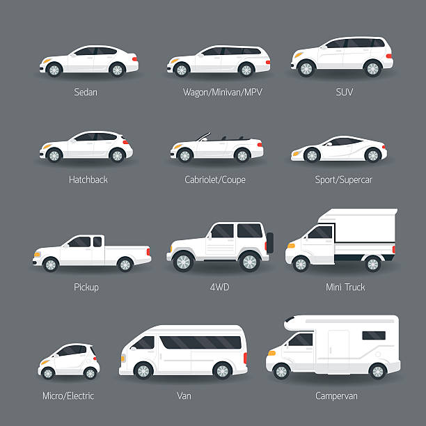 Car Type and Model Objects icons Set White Body Color, Automobile, sports utility vehicle stock illustrations