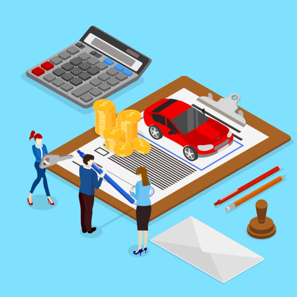 Car valuation and insurance. Isometric illustration. Car valuation and insurance. Isometric illustration with people and car on blue background. Vector 3d design. used car sale stock illustrations