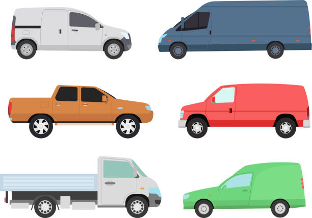 Car vechicle transport isolated vector Different car vehicle transport type design sign technology vector. Generic car different design flat vector illustration isolated on white. Pickup, sedan, bus or truck van and other car vehicle mini van stock illustrations