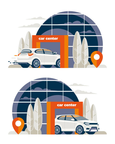 자동차 방문 자동 센터 - car dealership stock illustrations