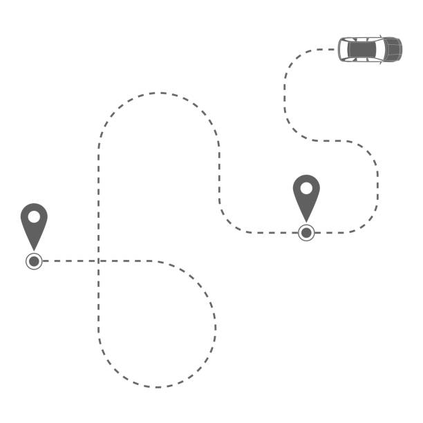 Car way The route of the car in the form of a dotted line. Abstract grey car moving on its route on white background. Travel concept vector illustration dividing line road marking stock illustrations