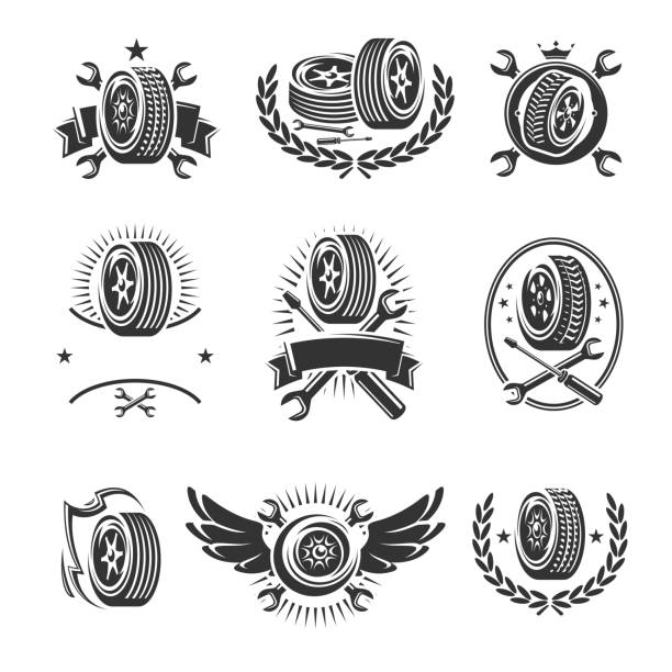 ilustrações, clipart, desenhos animados e ícones de etiquetas e jogo de elementos das rodas de carro. rodas do ícone da coleção. vetor - serviço de bordo