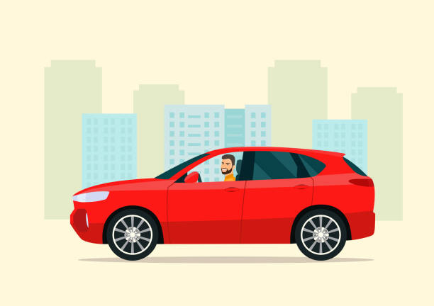 stockillustraties, clipart, cartoons en iconen met cuv auto met een chauffeur man op een achtergrond van abstract stadsgezicht. vector platte stijl illustratie. - man with car
