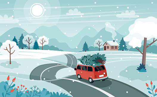 Car with christmas tree on the road. Cute winter landscape. Vector illustration in flat style
