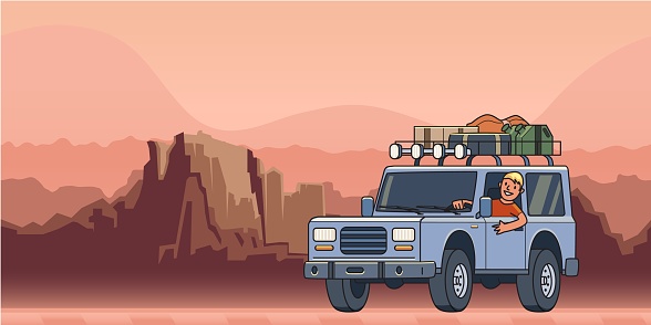 SUV car with luggage on the roof and smiling guy behind the wheel moving through the Grand Canyon. Off-road vehicle and mountain landscape. Vector illustration. Flat style. Horizontal.