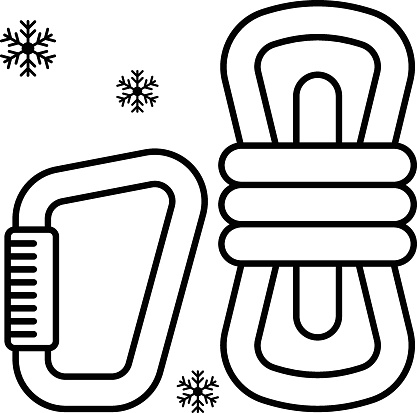 Carabiner and Rope Bundle Concept, Alpine Climbing Equipment Vector Line Icon Design, Winter Season activities Symbol, Coldest Weather Sign, Snow and frost Stock Illustration