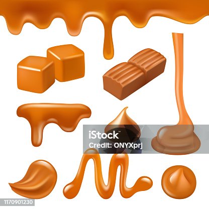 istock Caramel liquid. Drops and splashes from candy and caramel sweet creamy dessert cooking syrup vector realistic 1170901230