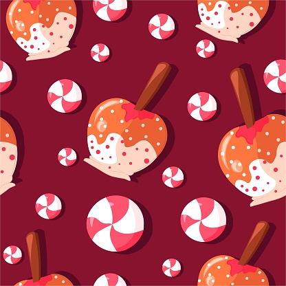 Caramelized apples on a stick with fudge, frosting and sprinkles seamless pattern. Lollipops and caramel cane illustration for december and winter holidays