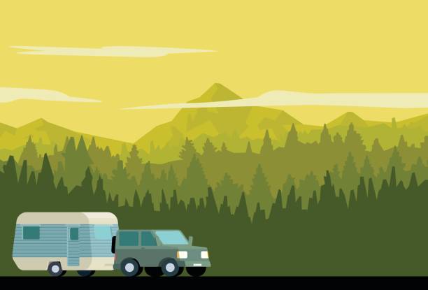 stockillustraties, clipart, cartoons en iconen met caravan forest - caravan