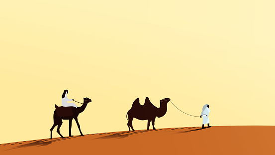 A caravan of camels with people walking along the desert sand. A man rides a camel. The second person leads the camel over the leash. Vector EPS10.