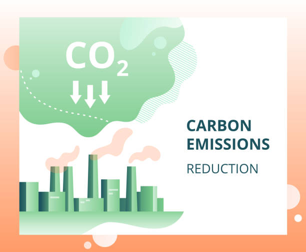 Carbon dioxide emissions reduction in the city Carbon dioxide emissions reduction in the city. industrial landscape of the city with smoke co2 emissions from chimneys. Vector concept of ecology problem, generation and saving green energy greenhouse gas stock illustrations