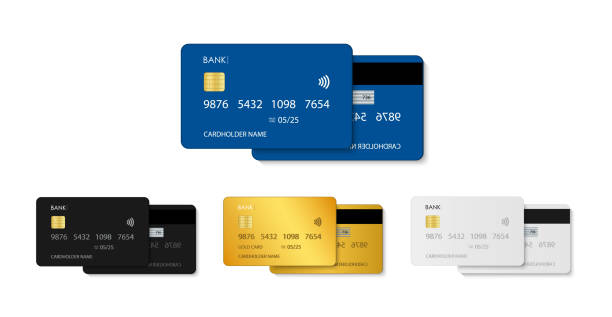 Card credit. Bank debit plastic card. Template in front with chip. Design mockup for money, payment, business. Realistic icon of blue, gold, white, black. Security pay, transaction in store. Vector. Card credit. Bank debit plastic card. Template in front with chip. Design mockup for money, payment, business. Realistic icon of blue, gold, white, black. Security pay and transaction in store. Vector credit card stock illustrations