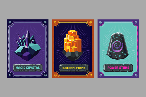 Card deck. Collection game art. Fantasy UI kit with magic items. User interface design elements with decorative frame. Equipment assets. Cartoon vector illustration.