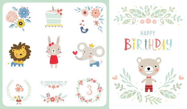 Card Design and Elements Set_08 Happy birthday card. Vector illustration. rabbit animal stock illustrations