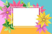 Card for spring season with white frame. Spring plants, leaves and flowers decoration.