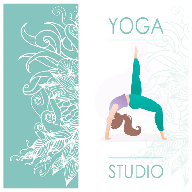 Card for Woman yoga studio with floral ornament and girl doing yoga pose Card for Woman yoga studio with floral ornament and girl doing yoga pose,fitness banner or brochure template,trendy style vector illustration yoga patterns stock illustrations