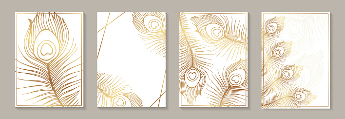 Card template with golden peacock feathers on a white background.