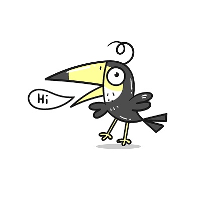 Card with cute cartoon toucan. Vector doodle print. Funny line art bird poster.