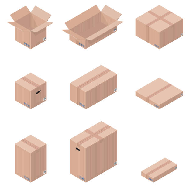Different types of cardboard boxes in isometric projection