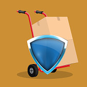 istock Cardboard box on hand truck and protection shield. Safety shipment concept. Vector illustration. 1368056044