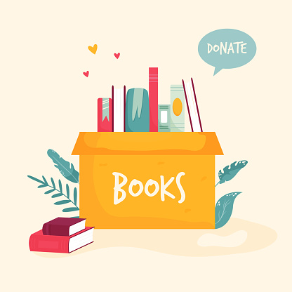 Cardboard box with books for donations, charity. Colorful vector illustration