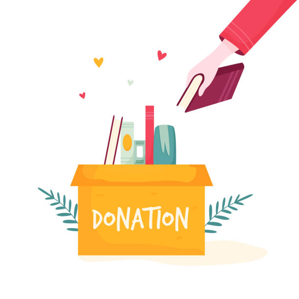 Clipart of a book being added to a donation box. 