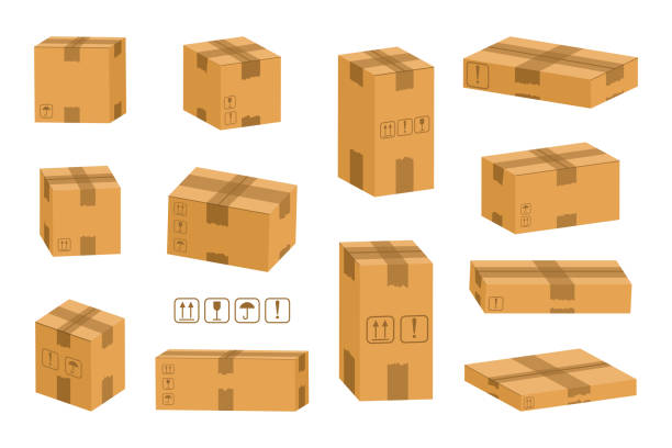 gói bìa cứng. thùng carton để giao hàng. vector cartoon box isometric icon set - how to do model makeup hình minh họa sẵn có