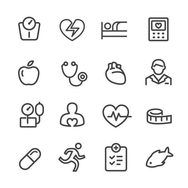 Cardiology Icons - Line Series Cardiology, Healthy, blood pressure gauge stock illustrations