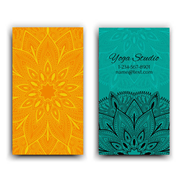 Cards template for yoga studio. Isolated vector editable pattern with mandala on front and back side of flyer. Cards template for yoga studio. Isolated vector editable pattern with mandala on front and back side cards or flyer. yoga borders stock illustrations
