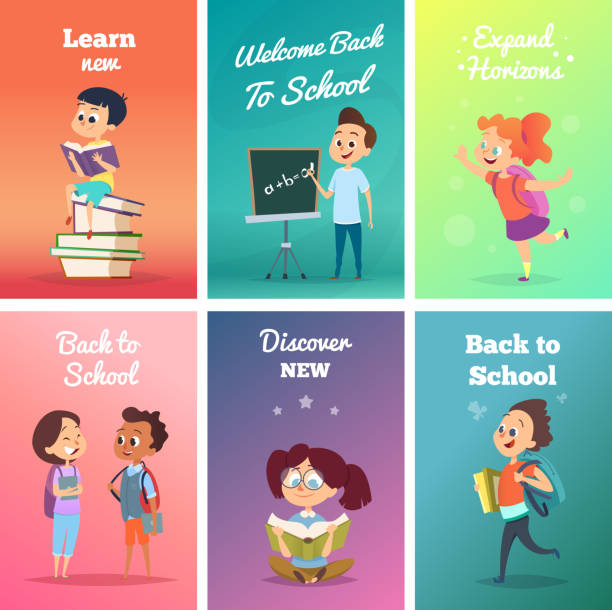 Cards with pupils. Design template of cards with school characters Cards with pupils. Design template of cards with school characters. Vector back to school, discover new and learn illustration reading designs stock illustrations