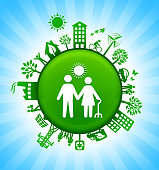 Care Giver Environment Green Button Background on Blue Sky. The main icon is placed on a round green shiny button in the center of the illustration. Environmental green living lifestyle icons go around the circumference of the button. Green building, man on a bicycle, trees, wind turbine, alternative energy and other environmental conservation symbols complete this illustration. The background has a blue glow effect.