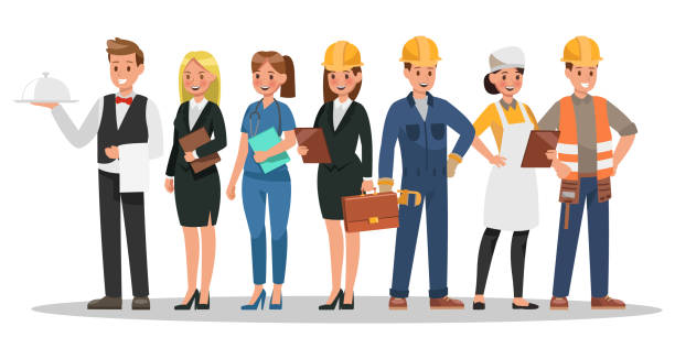 career characters design. Include waiter, businesswoman, engineer, doctor career characters design. Include waiter, businesswoman, engineer, doctor mechanic backgrounds stock illustrations