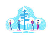 Career counseling flat concept vector illustration. Student choosing life path. Team leader and coworkers searching direction 2D cartoon characters for web design. Decision making creative idea