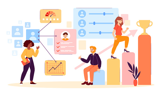 HR Employee performance evaluation and work improvement concept with multiethnic colleagues. Career growth, improving the efficiency of personnel. Flat cartoon vector illustration. Abstract metaphor