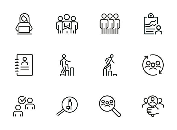 Career ladder line icon set Career ladder line icon set. Set of line icons on white background. Human resource concept. Employee, hiring, HR manager. Vector illustration can be used for topics like work, hiring, career entrepreneur icons stock illustrations