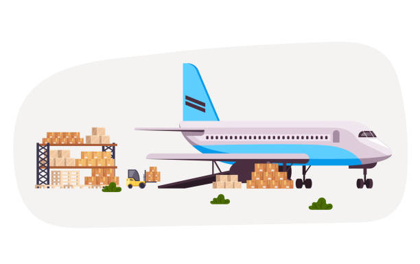 illustrazioni stock, clip art, cartoni animati e icone di tendenza di concetto logistico dell'aereo cargo. illustrazione grafica di un cartone animato piatto vettoriale - scarico auto