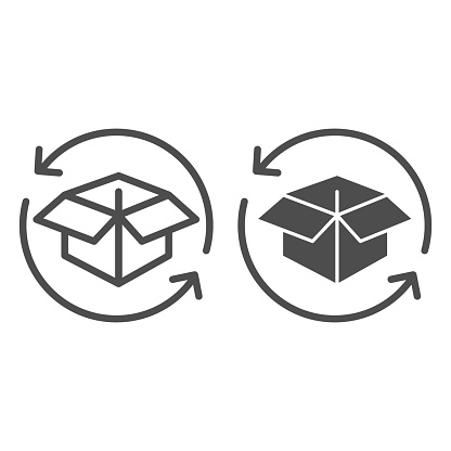 Cargo box with arrows line and solid icon, delivery parcel and logistics freight symbol, Package return vector sign on white background, Distribution processing box with arrows icon outline. Vector
