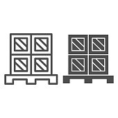 istock Cargo boxes pallet line and solid icon, warehouse and logistics symbol, Cardboard boxes on wooden pallet vector sign on white background, carton delivery packaging icon outline style. Vector graphics. 1223003862