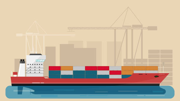 Cargo Sea Port with Cargo Freight Ship and Harbour Port Cranes and City Elements. Vector Illustration. vector art illustration