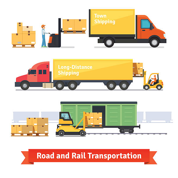 Cargo transportation by road and train Cargo transportation by road and train. Workers loading and unloading trucks and rail car with forklifts. Flat style icons and illustration. truck stock illustrations
