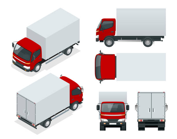 화물 트럭 운송입니다. 빠른 납품 또는 물류 운송입니다. 쉬운 색상 변경입니다. 서식 파일 벡터 백색 보기 전면, 후면, 측면, 상단에 고립과 아이소메트릭 - 화물차 stock illustrations