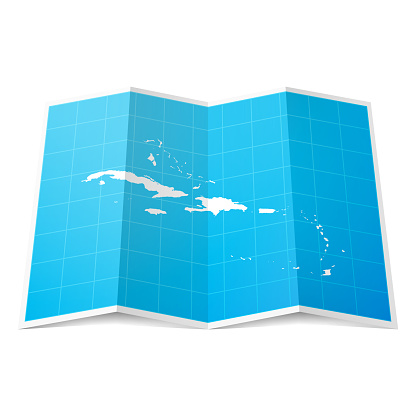 Caribbean map folded, isolated on white background