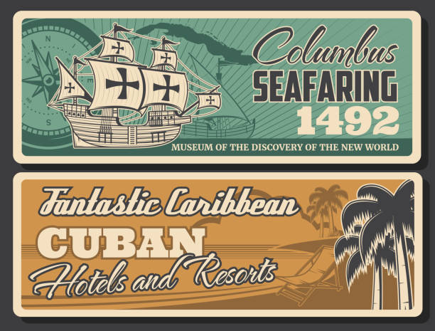 Seafaring to Cuba, retro caribbean Columbus discoveries. Vector...
