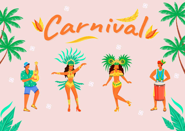 ilustrações de stock, clip art, desenhos animados e ícones de carnival banner flat vector template. horizontal poster with concepts design. men playing on traditional musical instruments cartoon illustration with typography. latino ladies on pink background - carnival accessories flat lay