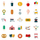 A set of 25 carnival and travelling circus flat design icons on a transparent background. File is built in the CMYK color space for optimal printing. Color swatches are Global for quick and easy color changes.