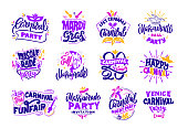 Carnival collection logos, stamps, phrases, lettering compositions. Big set of Brazilian templates for graphic banners, posters, flyers, presentations, postcard, cup, bag, shirt balloon Vector illustration