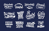 Carnival collection logos, stamps, phrases, lettering compositions. Big set of Brazilian templates for graphic banners, posters, flyers, presentations, postcard, cup, bag, shirt balloon Vector illustration